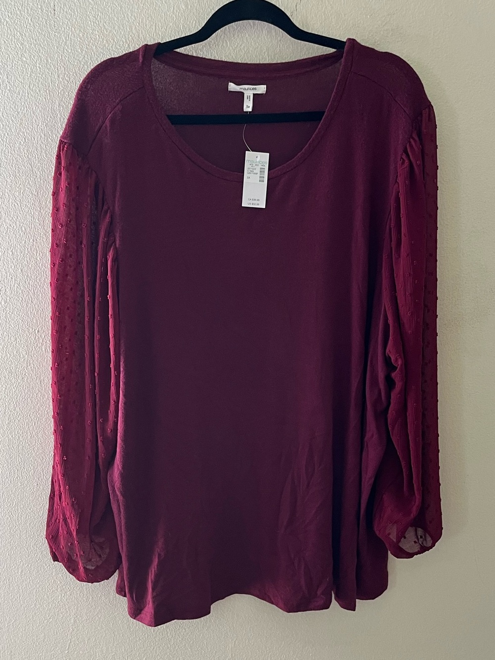 Maurices Burgundy Scoop Neck Long Sleeve Top with Dot-Sheer Sleeves